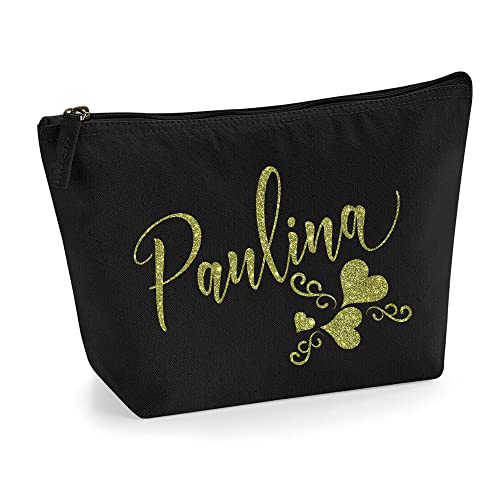 Personalisiert Name Initialen Text 3 Herz Wirbel Kosmetiktasche Damen Schminktasche für Handtasche Makeup Tasche - Glitter oder Flocke Material Druck - Gold Glitter - L | Schwarz von TULLUN