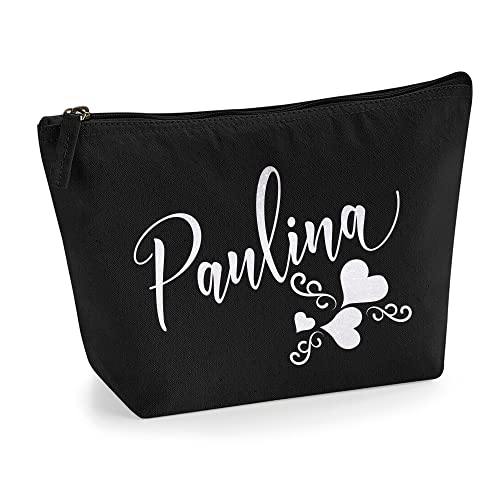 Personalisiert Name Initialen Text 3 Herz Wirbel Kosmetiktasche Damen Schminktasche für Handtasche Makeup Tasche - Glitter oder Flocke Material Druck - Holo Weißer Glitzer - L | Schwarz von TULLUN