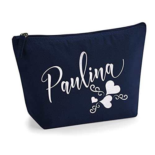 Personalisiert Name Initialen Text 3 Herz Wirbel Kosmetiktasche Damen Schminktasche für Handtasche Makeup Tasche - Glitter oder Flocke Material Druck - Holo Weißer Glitzer - M | Marine Blau von TULLUN