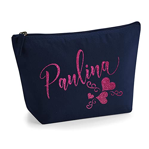 Personalisiert Name Initialen Text 3 Herz Wirbel Kosmetiktasche Damen Schminktasche für Handtasche Makeup Tasche - Glitter oder Flocke Material Druck - Rosa Glitzer - L | Marine Blau von TULLUN