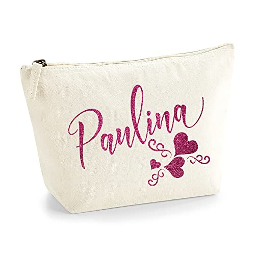 Personalisiert Name Initialen Text 3 Herz Wirbel Kosmetiktasche Damen Schminktasche für Handtasche Makeup Tasche - Glitter oder Flocke Material Druck - Rosa Glitzer - L | Natürlich von TULLUN