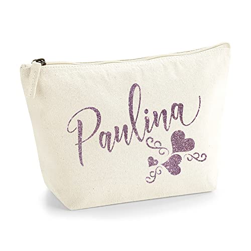 Personalisiert Name Initialen Text 3 Herz Wirbel Kosmetiktasche Damen Schminktasche für Handtasche Makeup Tasche - Glitter oder Flocke Material Druck - Roségold Glitter - M | Natürlich von TULLUN