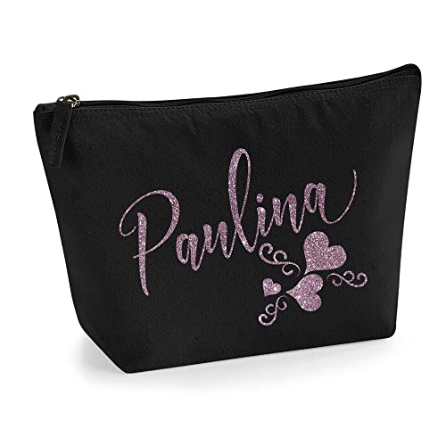 Personalisiert Name Initialen Text 3 Herz Wirbel Kosmetiktasche Damen Schminktasche für Handtasche Makeup Tasche - Glitter oder Flocke Material Druck - Roségold Glitter - M | Schwarz von TULLUN