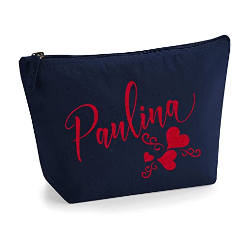 Personalisiert Name Initialen Text 3 Herz Wirbel Kosmetiktasche Damen Schminktasche für Handtasche Makeup Tasche - Glitter oder Flocke Material Druck - Rote Flocke - L | Marine Blau von TULLUN