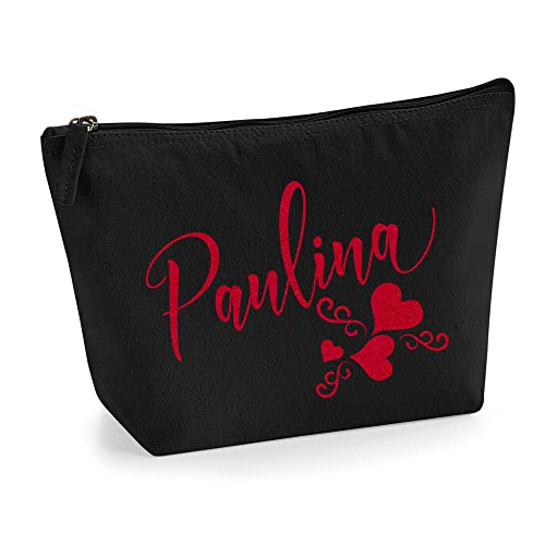 Personalisiert Name Initialen Text 3 Herz Wirbel Kosmetiktasche Damen Schminktasche für Handtasche Makeup Tasche - Glitter oder Flocke Material Druck - Rote Flocke - L | Schwarz von TULLUN