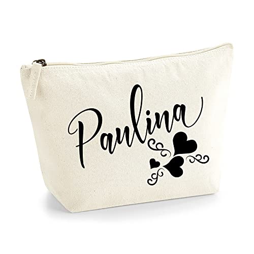 Personalisiert Name Initialen Text 3 Herz Wirbel Kosmetiktasche Damen Schminktasche für Handtasche Makeup Tasche - Glitter oder Flocke Material Druck - Schwarzer Film- L | Natürlich von TULLUN