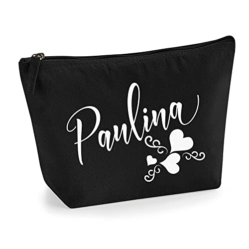 Personalisiert Name Initialen Text 3 Herz Wirbel Kosmetiktasche Damen Schminktasche für Handtasche Makeup Tasche - Glitter oder Flocke Material Druck - Weiße Flocke - L | Schwarz von TULLUN