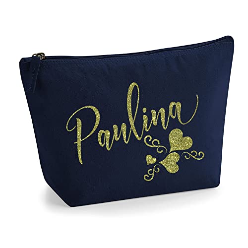 Personalisiert Name Initialen Text 3 Herz Wirbel Kosmetiktasche Damen Schminktasche für Handtasche Makeup Tasche mit Texturdruck - Gold Glitter - S | Marine Blau von TULLUN