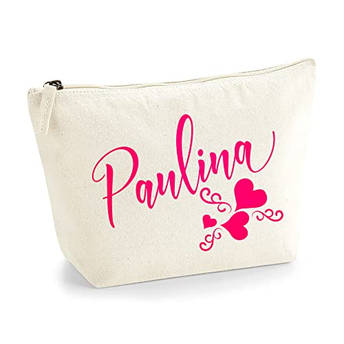 Personalisiert Name Initialen Text 3 Herz Wirbel Kosmetiktasche Damen Schminktasche für Handtasche Makeup Tasche mit Texturdruck - Neonrosa Flocke - M | Natürlich von TULLUN