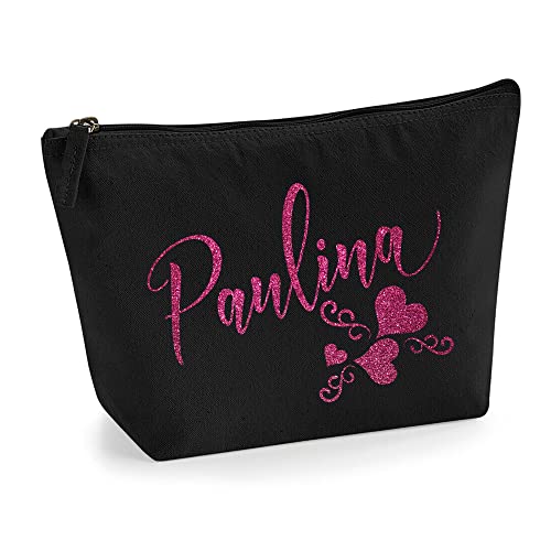 Personalisiert Name Initialen Text 3 Herz Wirbel Kosmetiktasche Damen Schminktasche für Handtasche Makeup Tasche mit Texturdruck - Rosa Glitzer - M | Schwarz von TULLUN