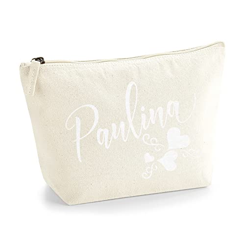 Personalisiert Name Initialen Text 3 Herz Wirbel Kosmetiktasche Damen Schminktasche für Handtasche Makeup Tasche mit Texturdruck - Weiße Flocke - L | Natürlich von TULLUN
