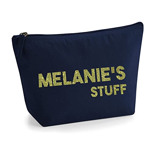 Personalisiert Name Initialen Text My Stuff Kosmetiktasche Damen Schminktasche für Handtasche Makeup Tasche - Glitter oder Flocke Material Druck - Gold Glitter - L | Marine Blau von TULLUN