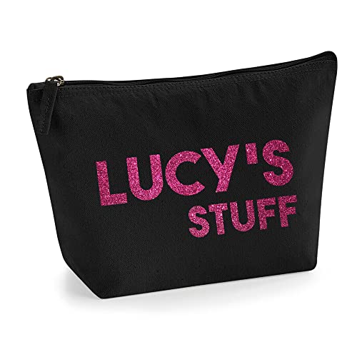 Personalisiert Name Initialen Text My Stuff Kosmetiktasche Damen Schminktasche für Handtasche Makeup Tasche - Glitter oder Flocke Material Druck - Rosa Glitzer - L | Schwarz von TULLUN