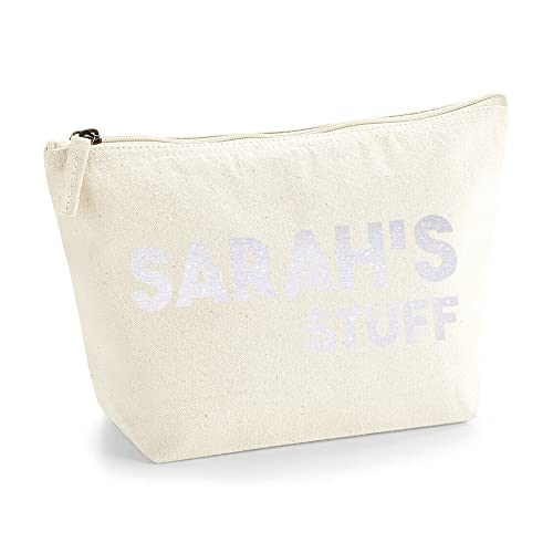 Personalisiert Name Initialen Text My Stuff Kosmetiktasche Damen Schminktasche für Handtasche Makeup Tasche mit Texturdruck - Holo Weißer Glitzer - L | Natürlich von TULLUN