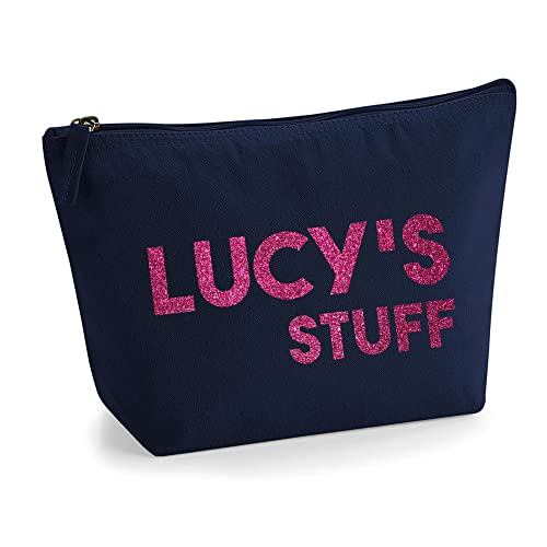 Personalisiert Name Initialen Text My Stuff Kosmetiktasche Damen Schminktasche für Handtasche Makeup Tasche mit Texturdruck - Rosa Glitzer - L | Marine Blau von TULLUN
