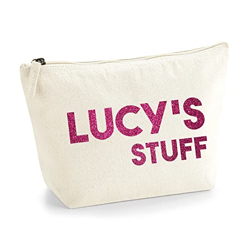 Personalisiert Name Initialen Text My Stuff Kosmetiktasche Damen Schminktasche für Handtasche Makeup Tasche mit Texturdruck - Rosa Glitzer - S | Natürlich von TULLUN