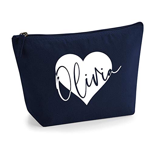 Personalisiert Name Initialen im Herz Design Kosmetiktasche Damen Schminktasche für Handtasche Makeup Tasche mit Texturdruck - L - Marine Blau - Weiße von TULLUN