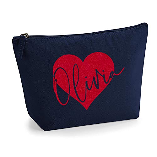 Personalisiert Name Initialen im Herz Design Kosmetiktasche Damen Schminktasche für Handtasche Makeup Tasche mit Texturdruck - M - Marine Blau - Rote Flocke von TULLUN