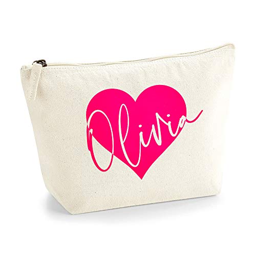 Personalisiert Name Initialen im Herz Design Kosmetiktasche Damen Schminktasche für Handtasche Makeup Tasche mit Texturdruck - M - Natürlich - Neonrosa Flocke von TULLUN