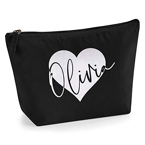 Personalisiert Name Initialen im Herz Design Kosmetiktasche Damen Schminktasche für Handtasche Makeup Tasche mit Texturdruck - M - Schwarz - Holo Weißer Glitzer von TULLUN
