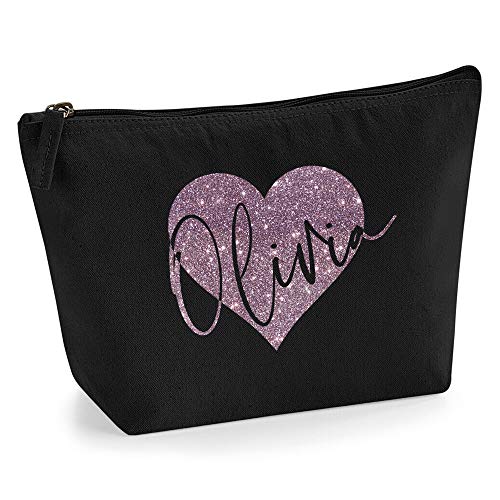 Personalisiert Name Initialen im Herz Design Kosmetiktasche Damen Schminktasche für Handtasche Makeup Tasche mit Texturdruck - M - Schwarz - Roségold Glitter von TULLUN