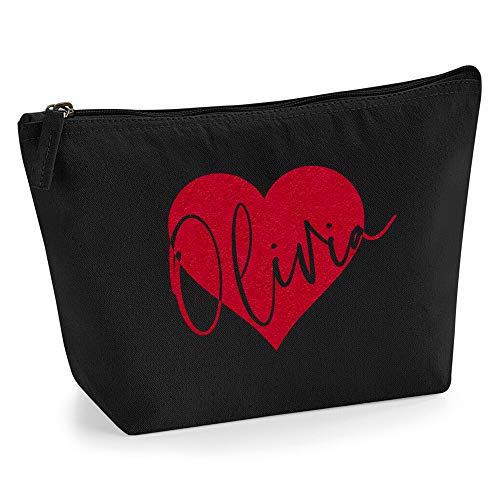 Personalisiert Name Initialen im Herz Design Kosmetiktasche Damen Schminktasche für Handtasche Makeup Tasche mit Texturdruck - M - Schwarz - Rote Flocke von TULLUN