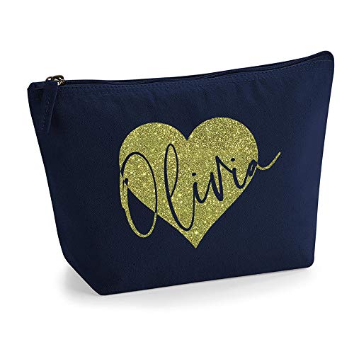 Personalisiert Name Initialen im Herz Design Kosmetiktasche Damen Schminktasche für Handtasche Makeup Tasche mit Texturdruck - S - Marine Blau - Gold Glitter von TULLUN