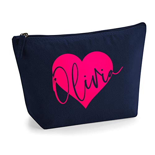 Personalisiert Name Initialen im Herz Design Kosmetiktasche Damen Schminktasche für Handtasche Makeup Tasche mit Texturdruck - S - Marine Blau - Neonrosa Flocke von TULLUN
