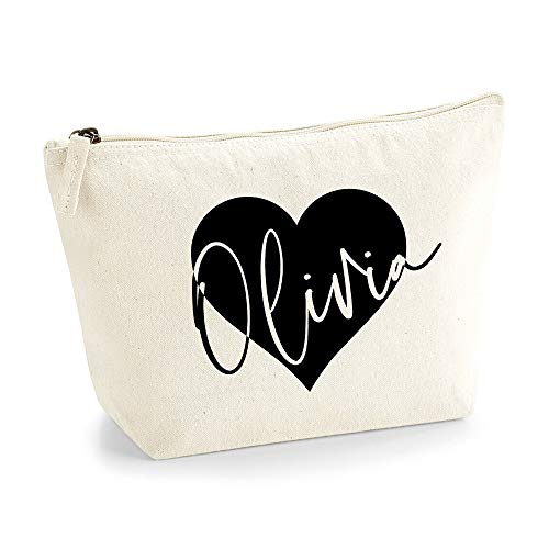 Personalisiert Name Initialen im Herz Design Kosmetiktasche Damen Schminktasche für Handtasche Makeup Tasche mit Texturdruck - S - Natürlich - Schwarz von TULLUN