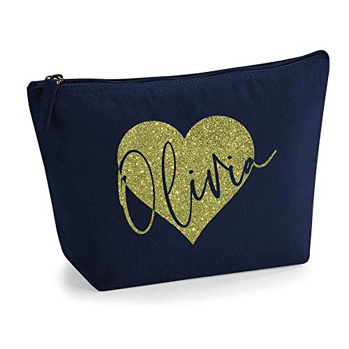 Personalisiert Name Initialen im Herz Kosmetiktasche Damen Schminktasche für Handtasche Makeup Tasche - L - Marine Blau Tasche - Gold Glitter von TULLUN