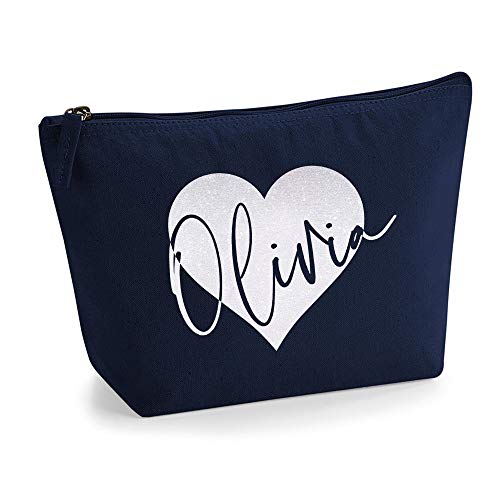 Personalisiert Name Initialen im Herz Kosmetiktasche Damen Schminktasche für Handtasche Makeup Tasche - L - Marine Blau Tasche - Holo Weißer Glitzer von TULLUN