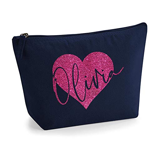 Personalisiert Name Initialen im Herz Kosmetiktasche Damen Schminktasche für Handtasche Makeup Tasche - L - Marine Blau Tasche - Rosa Glitzer von TULLUN