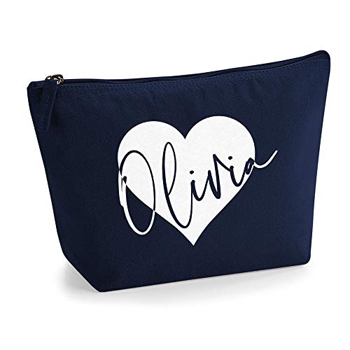 Personalisiert Name Initialen im Herz Kosmetiktasche Damen Schminktasche für Handtasche Makeup Tasche - L - Marine Blau Tasche - Weiße Flocke von TULLUN