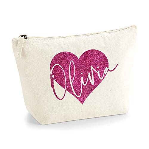 Personalisiert Name Initialen im Herz Kosmetiktasche Damen Schminktasche für Handtasche Makeup Tasche - L - Natürlich Tasche- Rosa Glitzer von TULLUN