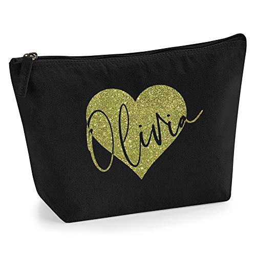 Personalisiert Name Initialen im Herz Kosmetiktasche Damen Schminktasche für Handtasche Makeup Tasche - L - Schwarz Tasche - Gold Glitter von TULLUN