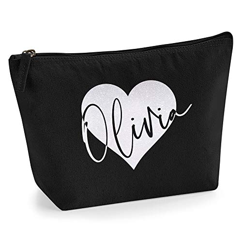 Personalisiert Name Initialen im Herz Kosmetiktasche Damen Schminktasche für Handtasche Makeup Tasche - L - Schwarz Tasche - Holo Weißer Glitzer von TULLUN