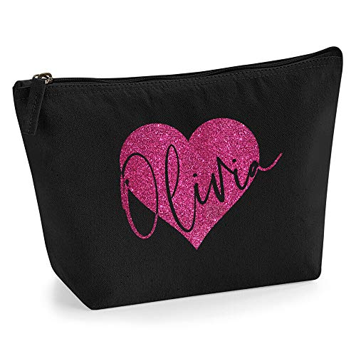 Personalisiert Name Initialen im Herz Kosmetiktasche Damen Schminktasche für Handtasche Makeup Tasche - L - Schwarz Tasche- Rosa Glitzer von TULLUN