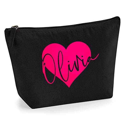 Personalisiert Name Initialen im Herz Kosmetiktasche Damen Schminktasche für Handtasche Makeup Tasche - M - Schwarz Tasche - Neonrosa Flocke von TULLUN