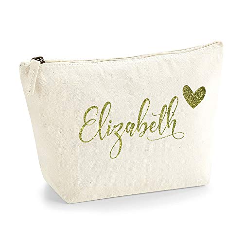 Personalisiert Name Initialen & Herz Kosmetiktasche Damen Schminktasche für Handtasche Makeup Tasche - Glitter oder Flocke Material Druck - Gold Glitter - L | Natürlich von TULLUN