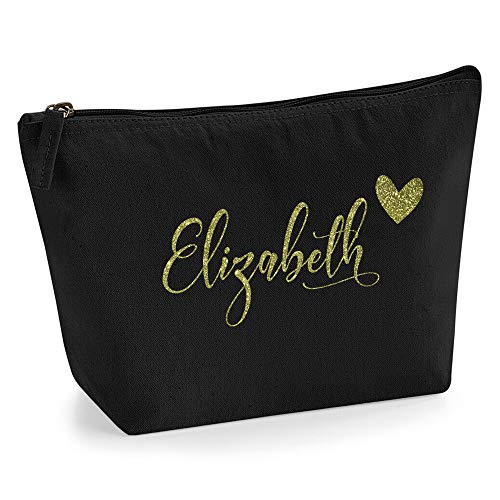 Personalisiert Name Initialen & Herz Kosmetiktasche Damen Schminktasche für Handtasche Makeup Tasche - Glitter oder Flocke Material Druck - Gold Glitter - L | Schwarz von TULLUN