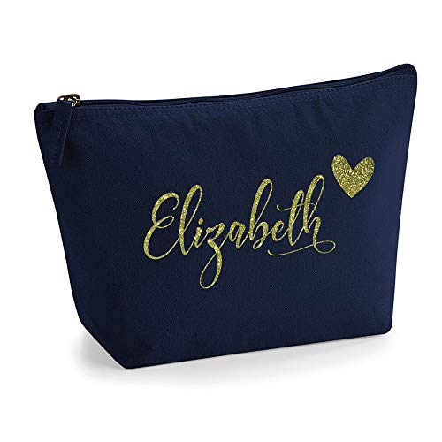 Personalisiert Name Initialen & Herz Kosmetiktasche Damen Schminktasche für Handtasche Makeup Tasche - Glitter oder Flocke Material Druck - Gold Glitter - M | Marine Blau von TULLUN