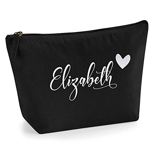 Personalisiert Name Initialen & Herz Kosmetiktasche Damen Schminktasche für Handtasche Makeup Tasche - Glitter oder Flocke Material Druck - Holo Weißer Glitzer - L | Schwarz von TULLUN