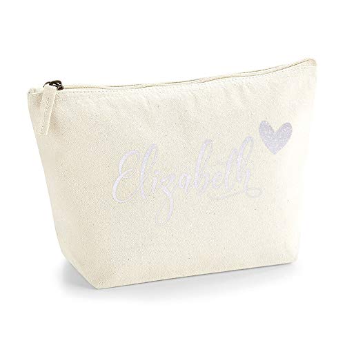 Personalisiert Name Initialen & Herz Kosmetiktasche Damen Schminktasche für Handtasche Makeup Tasche - Glitter oder Flocke Material Druck - Holo Weißer Glitzer - S | Natürlich von TULLUN