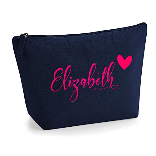 Personalisiert Name Initialen & Herz Kosmetiktasche Damen Schminktasche für Handtasche Makeup Tasche - Glitter oder Flocke Material Druck - Neonrosa Flocke - L | Marine Blau von TULLUN