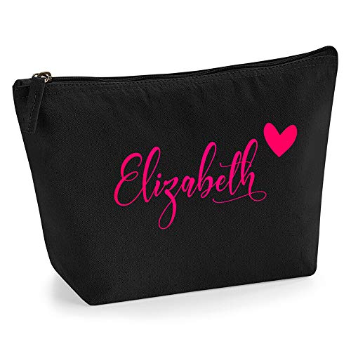 Personalisiert Name Initialen & Herz Kosmetiktasche Damen Schminktasche für Handtasche Makeup Tasche - Glitter oder Flocke Material Druck - Neonrosa Flocke - L | Schwarz von TULLUN