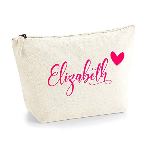 Personalisiert Name Initialen & Herz Kosmetiktasche Damen Schminktasche für Handtasche Makeup Tasche - Glitter oder Flocke Material Druck - Neonrosa Flocke - S | Natürlich von TULLUN