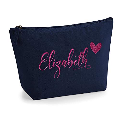 Personalisiert Name Initialen & Herz Kosmetiktasche Damen Schminktasche für Handtasche Makeup Tasche - Glitter oder Flocke Material Druck - Rosa Glitzer - S | Marine Blau von TULLUN