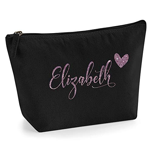 Personalisiert Name Initialen & Herz Kosmetiktasche Damen Schminktasche für Handtasche Makeup Tasche - Glitter oder Flocke Material Druck - Roségold Glitter - L | Schwarz von TULLUN