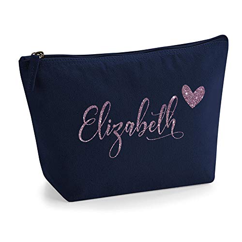 Personalisiert Name Initialen & Herz Kosmetiktasche Damen Schminktasche für Handtasche Makeup Tasche - Glitter oder Flocke Material Druck - Roségold Glitter - M | Marine Blau von TULLUN