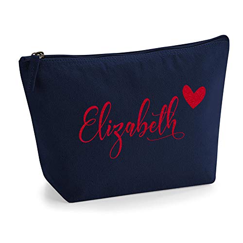 Personalisiert Name Initialen & Herz Kosmetiktasche Damen Schminktasche für Handtasche Makeup Tasche - Glitter oder Flocke Material Druck - Rote Flocke - L | Marine Blau von TULLUN